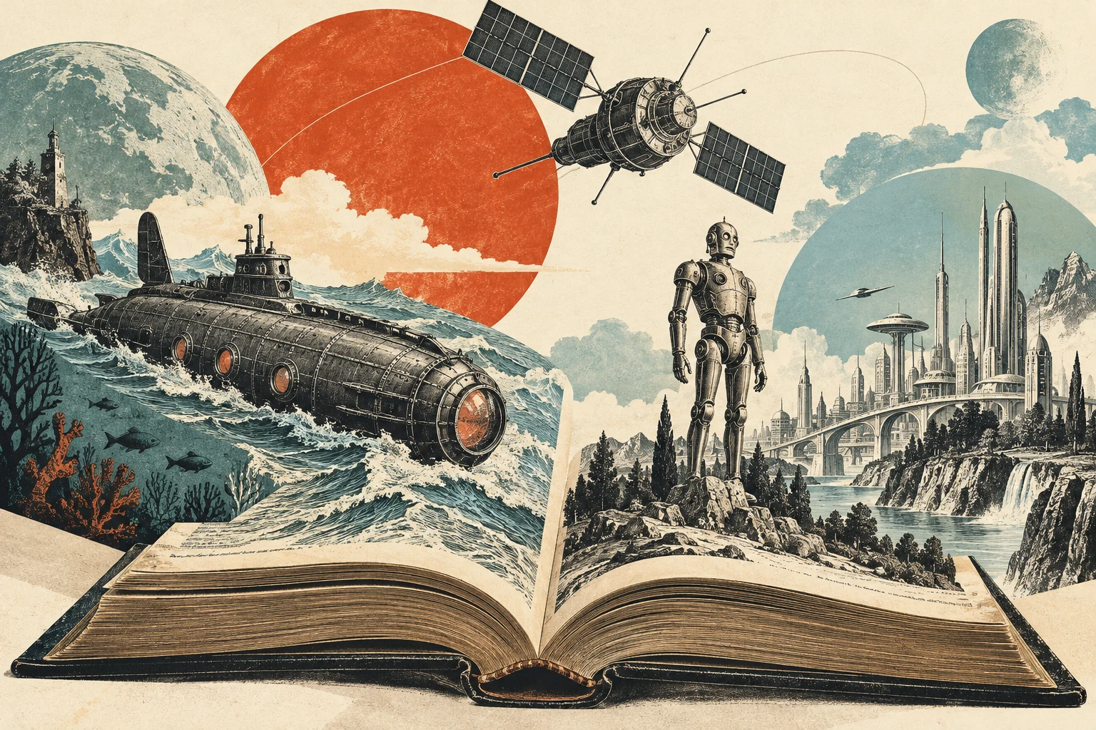Открытая книга превращается в мир фантастических изобретений: подводную лодку, спутник, робота и город будущего