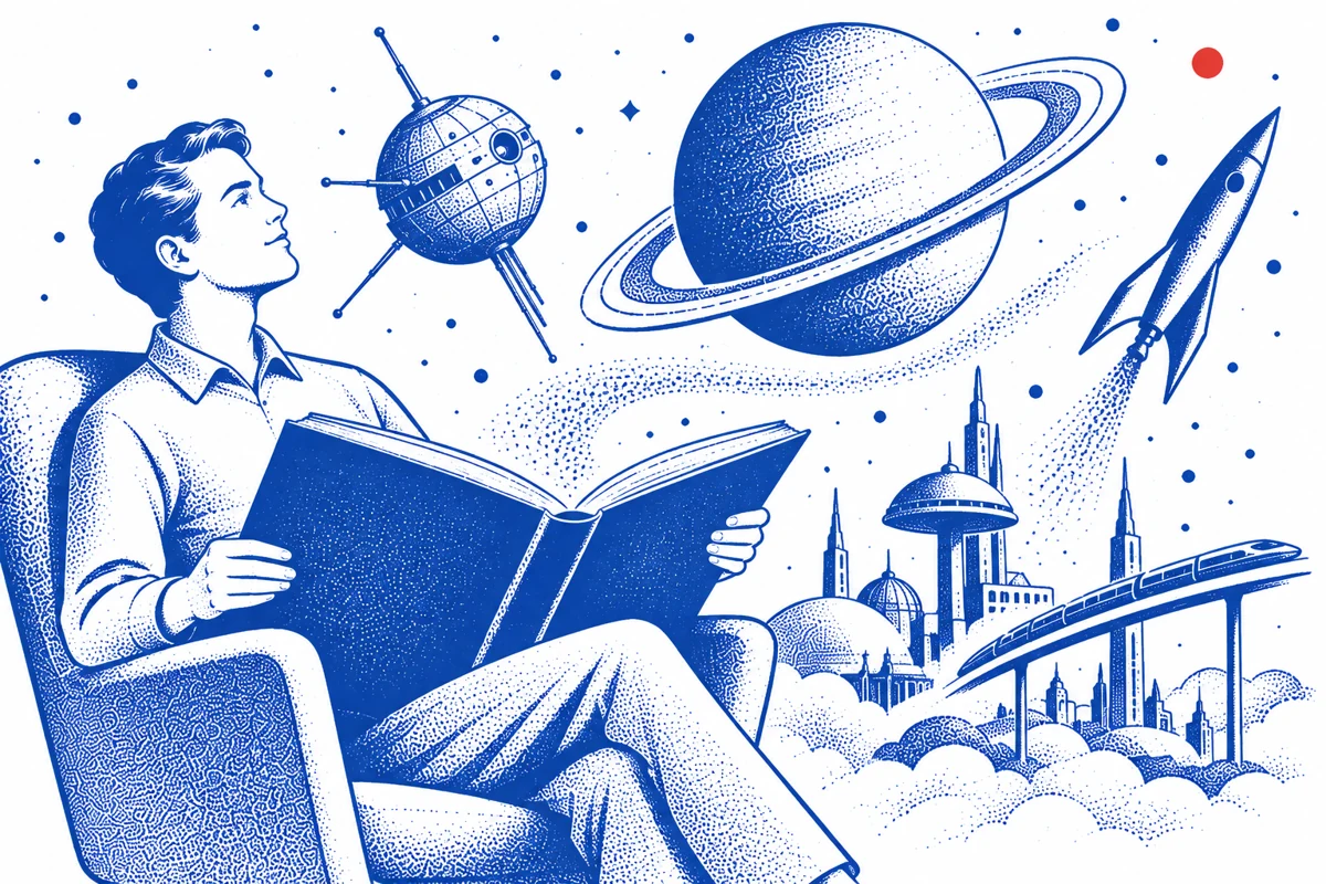 Читатель с книгой, над которой возникают планеты, спутник и город будущего